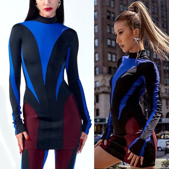 MUGLER x H&M Collab NWT Size XXL Spiral Paneled Mini Dress Colorblocked Bodycon - Picture 2 of 12